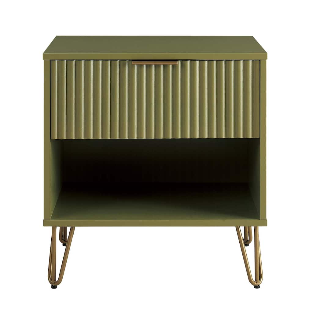 20inch Fluted Nightstand in Olive Green with Gold Handles and Splayed Legs