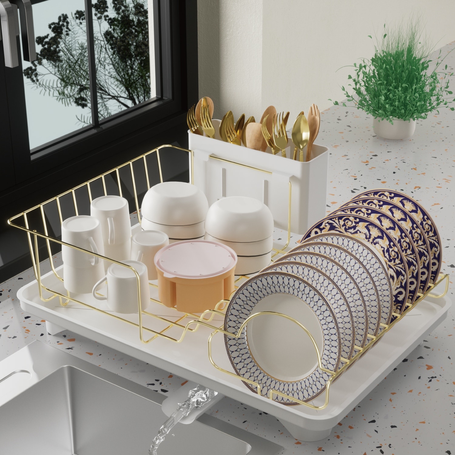 Dish Drying Rack for Kitchen Countertop, Gold Stainless Steel Dish Drainer with Drain Board, Utensil Holder & Anti-Slip Feet