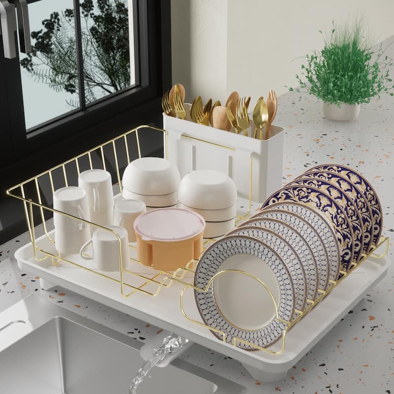Dish Drying Rack for Kitchen Countertop, Gold Stainless Steel Dish Drainer with Drain Board, Utensil Holder & Anti-Slip Feet - White
