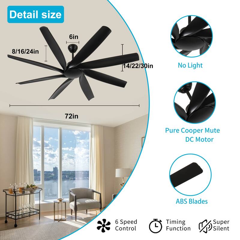 72 inch Ceiling Fans no Light with Remote Control, 8 Reversible Blade, Quiet DC Motor, Timer Function, 6-Speed - Black