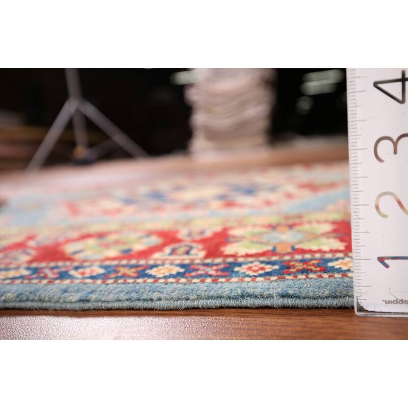 Light Blue Geometric Kazak Rug Entryway Hand-Knotted Wool Carpet - 3'1" x 4'11"