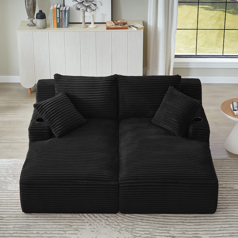 Compressible Double Chaise Lounge With Cupholders - No Assembly Required, Fluffy Modern Sleeper Loveseat