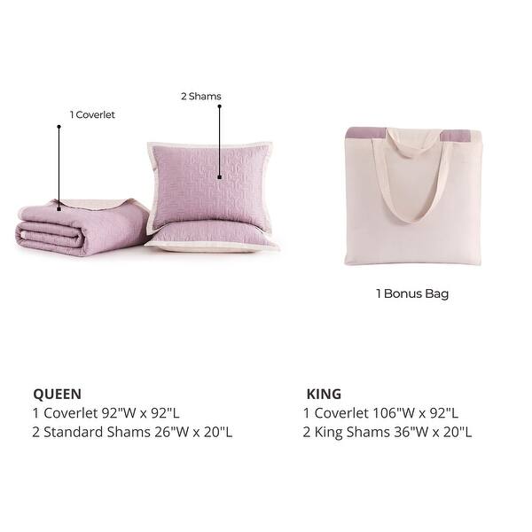 dimension image slide 0 of 2, Bebejan 100% Cotton Sateen 3 Piece Textured Quilted Coverlet Set