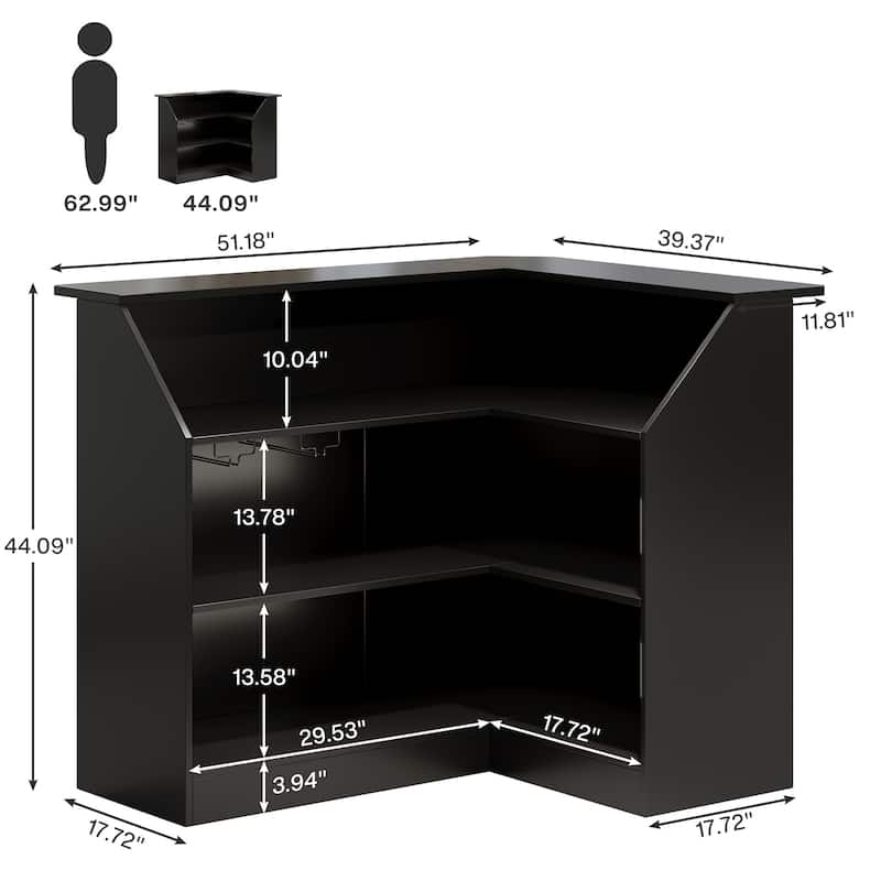 Black Wood L-Shaped Bar Cabinet, 4-Tier Corner Bar