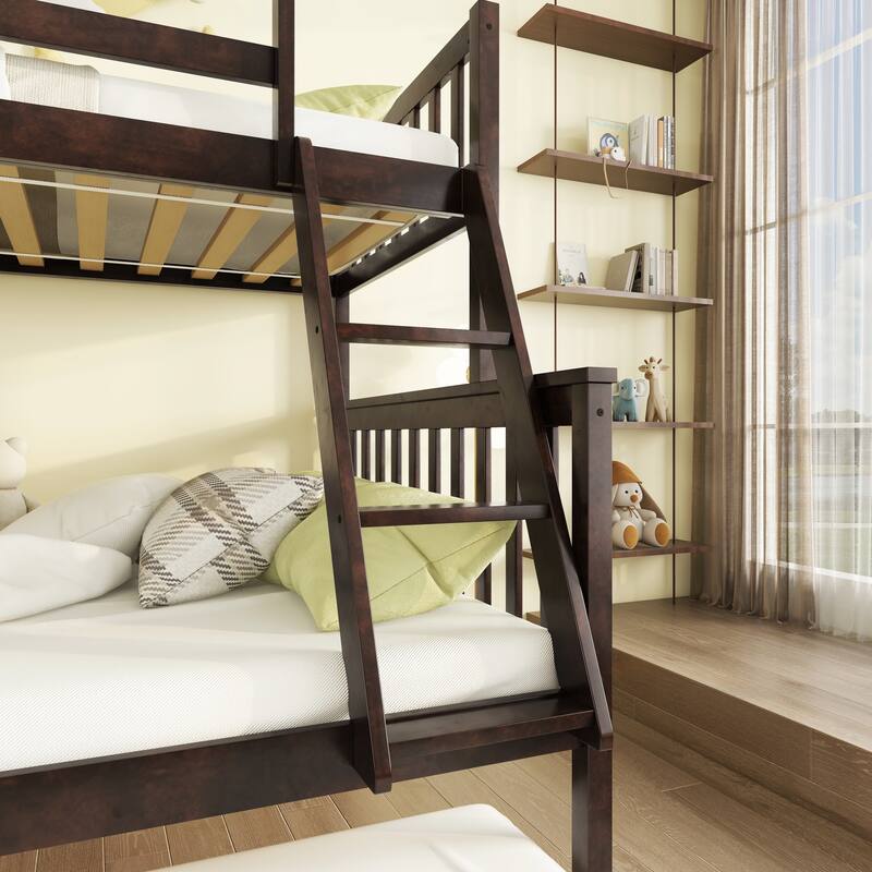 Roomfitters Twin Over Full Rubber Wood Bunk Bed with Trundle, Detachable Convertible Bunk Bed with Ladder and Guardrails