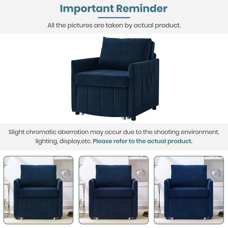 Upholstered Convertible Sleeper Sofa with 5-Position Adjustable Backrest, Side Pockets and Storage Basket, Blue