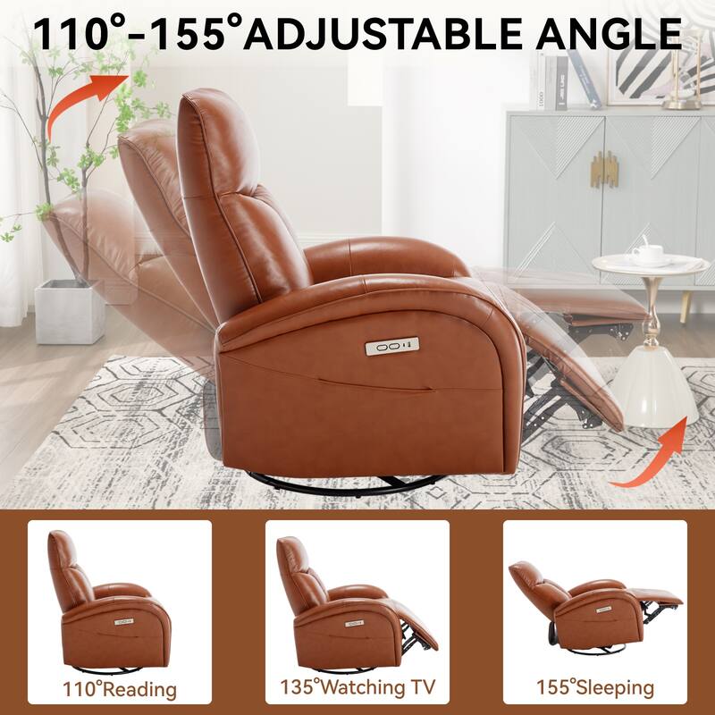 Modern Genuine Leather Swivel and Rocker Power Recliner Chair, 270° Swivel Recliner Chair with Lumbar Support, USB and Type-C