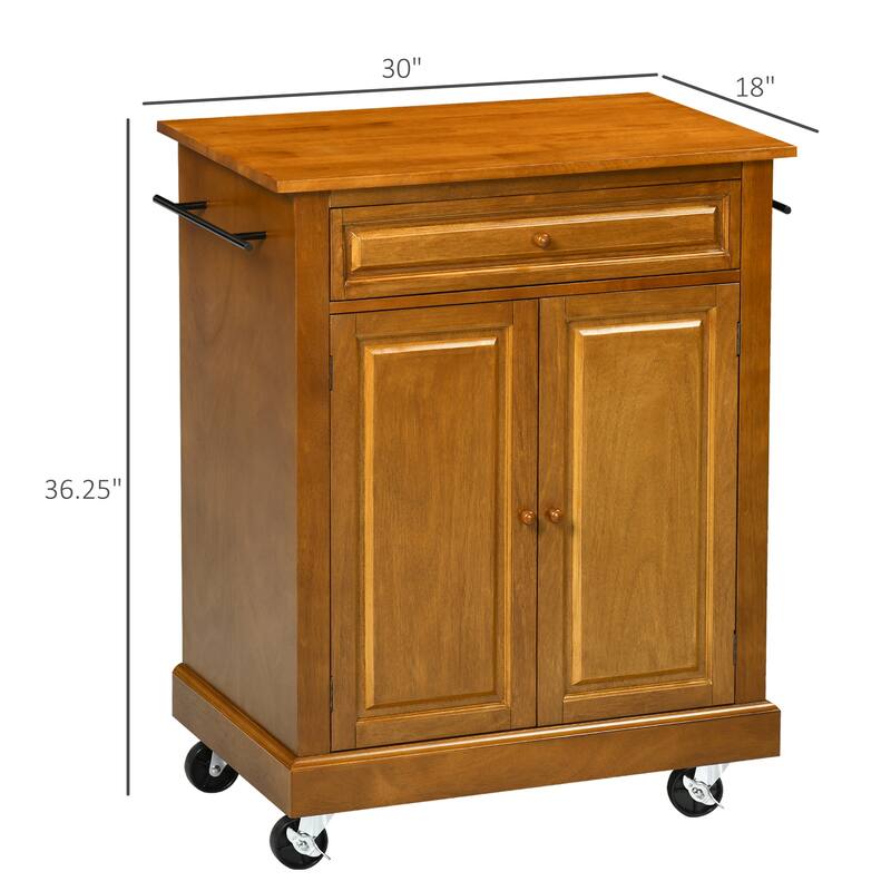 Brown Rubber Wood Kitchen Cart Cabinet with Pull-Out Drawer and Locking Swivel Wheels - 30" L x 18" W x 36.25" H