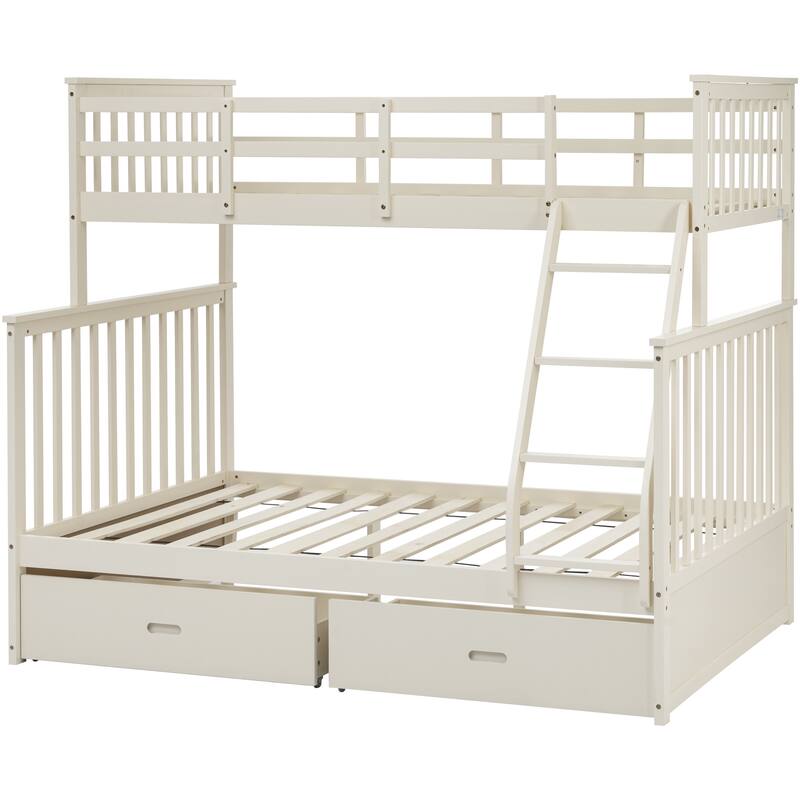 Twin Over Full Bunk Bed with Storage Drawers, Wooden Bunk Bed with Ladder and Safety Guard Rails -Cream