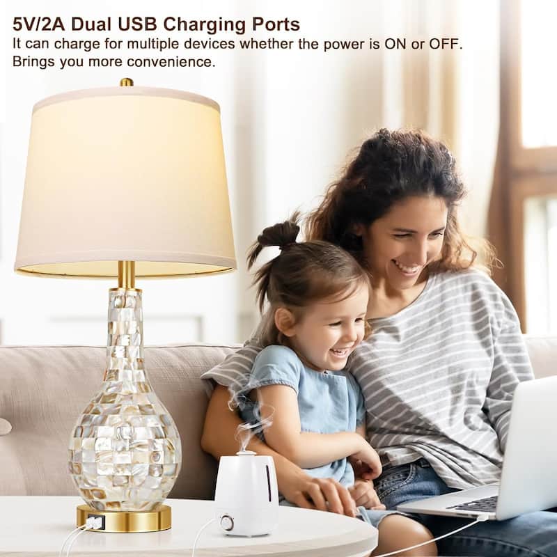 Modern Coastal Style Bedside Table Lamp with USB Port, 2700K LED Bulb (Set of 2)