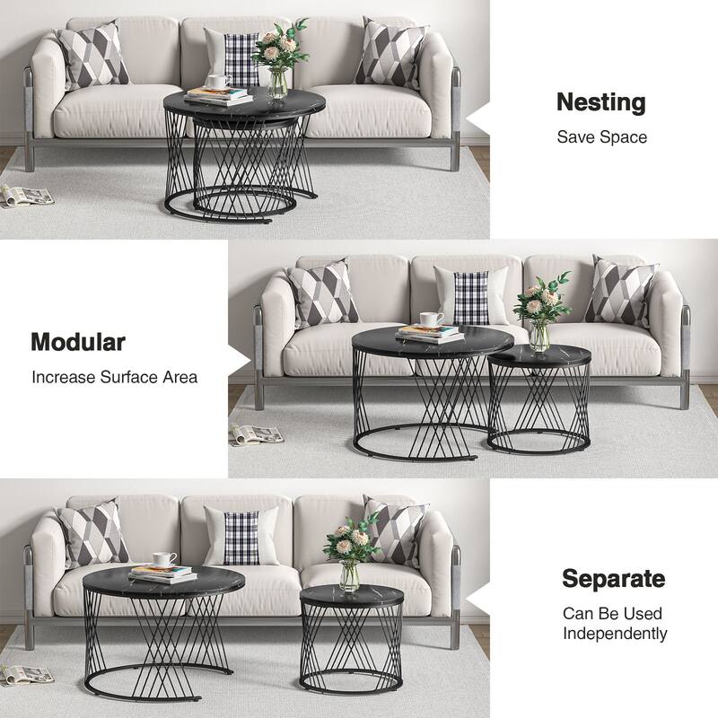 Anmytek Round Nesting Coffee Table Set of 2, White Modern End Tables Living Room Faux Marble Sofa Beside Table