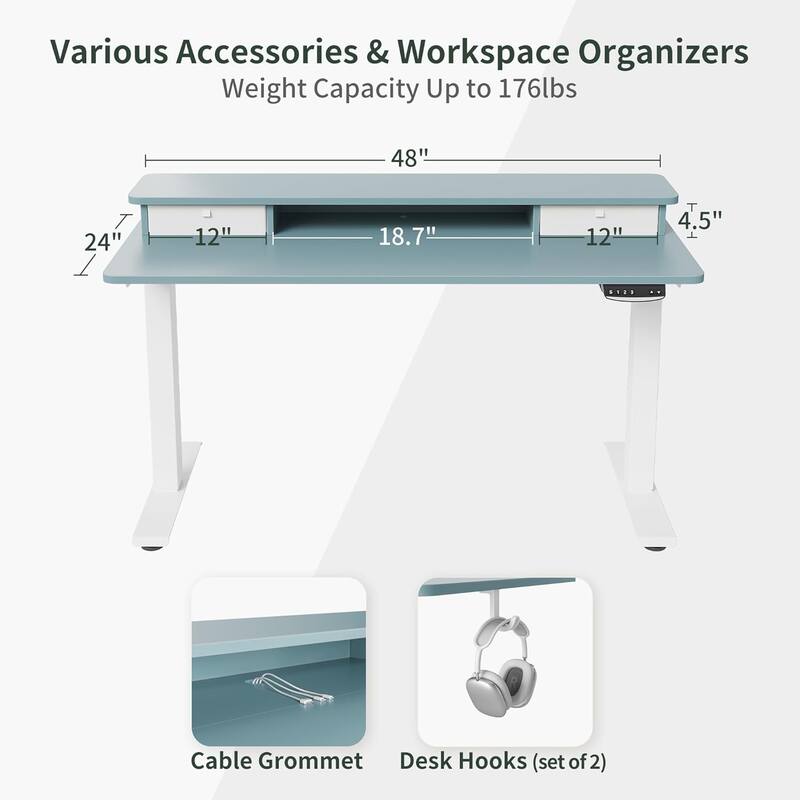 FEZIBO Height Adjustable Electric Standing Desk with Double Drawer, Stand Up Desk with Storage Shelf, Sit Stand Desk