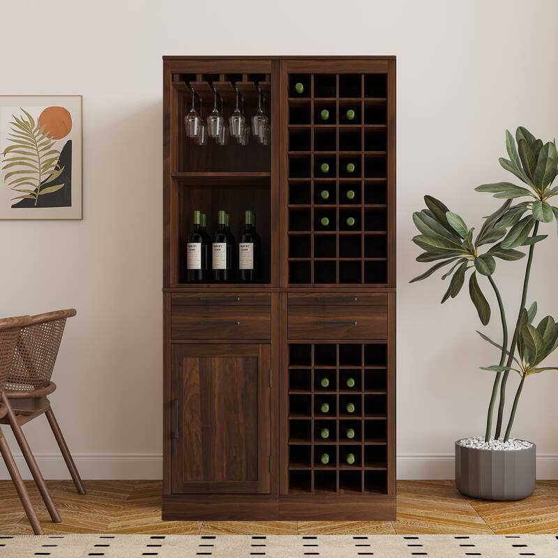 Modular Combination Wine Bar Cabinet Set ,Multi-Storage Cabinet with Open Shelves and Wine Glasses Rack - Brown