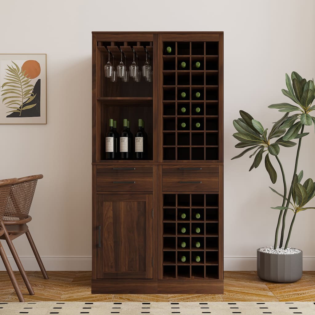 Modular Combination Wine Bar Cabinet Set ,Multi-Storage Cabinet with Open Shelves and Wine Glasses Rack