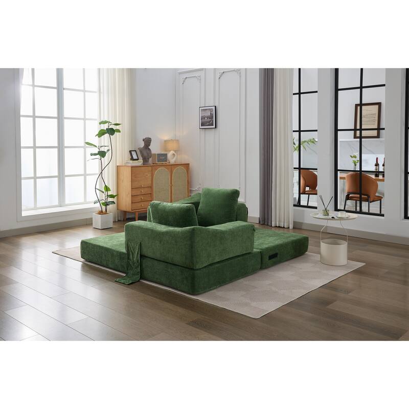 Modern Minimalist Fold-Out Sofa Bed, Convertible Chair Floor Couch, Green Chenille