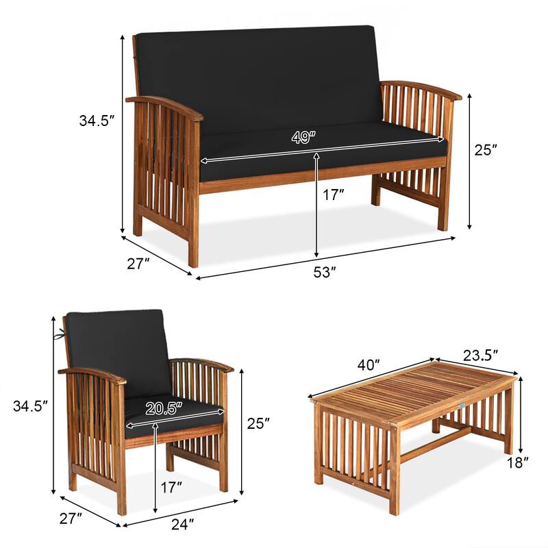 Costway 4PCS Patio Solid Wood Furniture Set Conversation Coffee Table - 4-Piece Sets