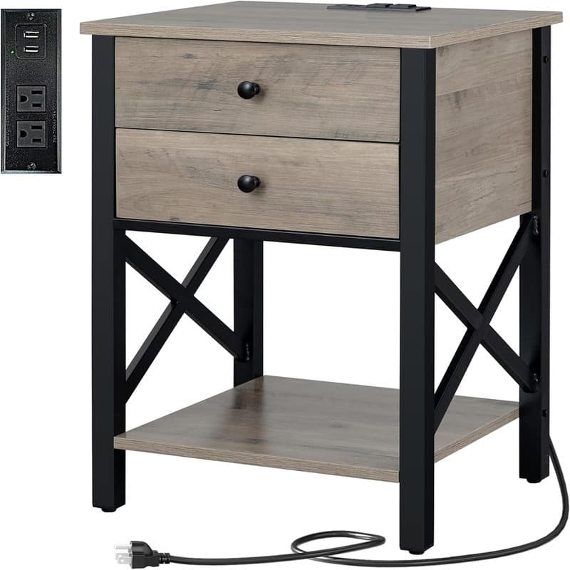 Nightstand with Charging Station and USB Ports - Grey - 2-drawer