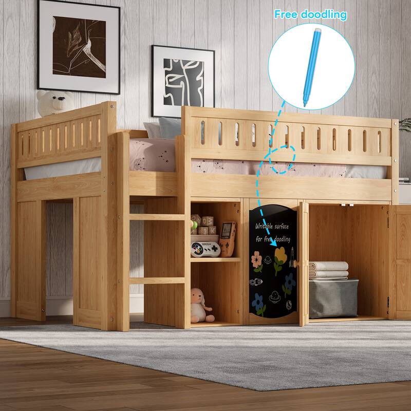 GDFStudio - Solid Wood Full Size Loft Bed with Storage & Chalkboard Panel