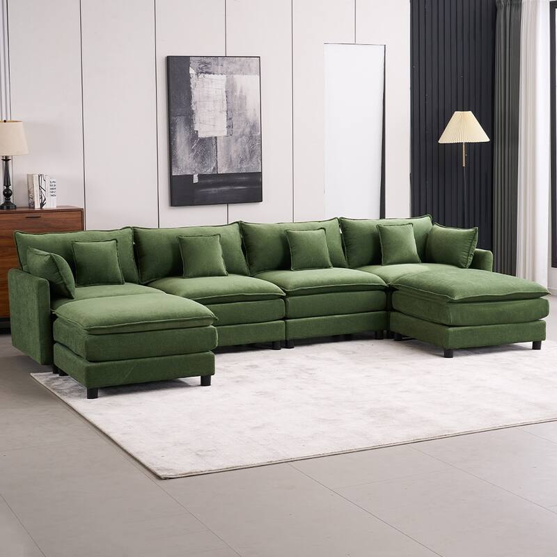 131.89" Chenille U-Shaped Sectional Sofa Bed with Sleeper & Iron Frame Support
