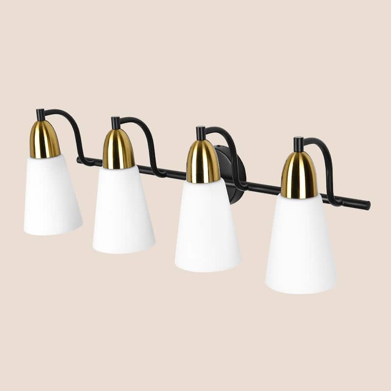 Modern Black Bathroom Vanity Light with Frosted Glass Shades & Gold Accent, Minimalist Wall Sconces