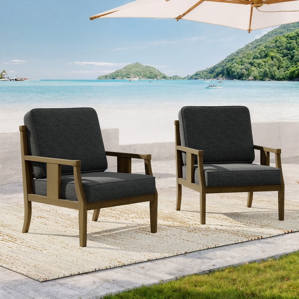 2 Set Brown Wood Outdoor Accent Club Chairs with Water-Resistant Cushions
