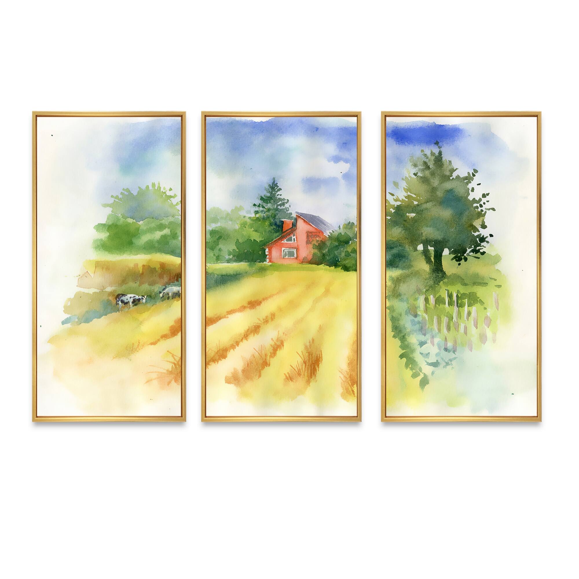 Designart "Field And Cows With House" Country Framed Art Set of 3 4