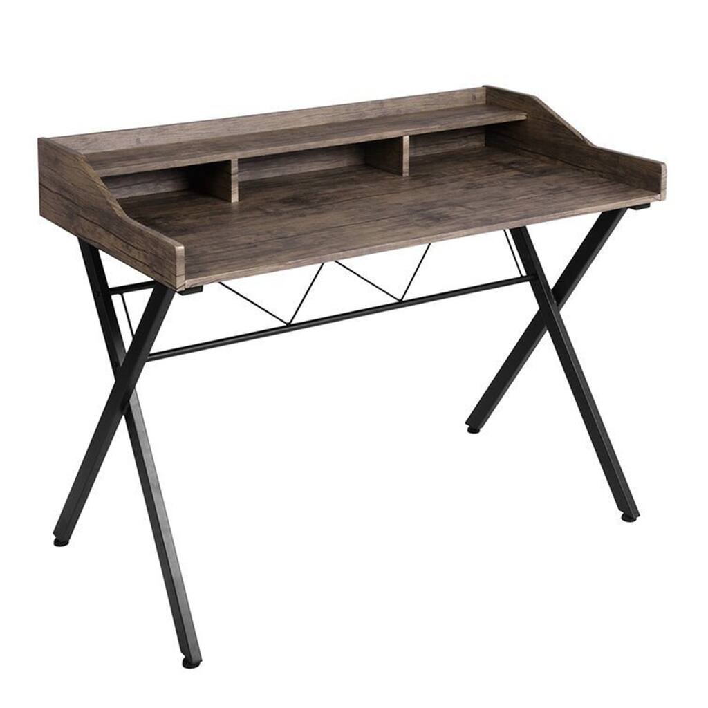 Home Office Desk Computer Desk With 3 Open Cubbies X-Shape Legs Brown