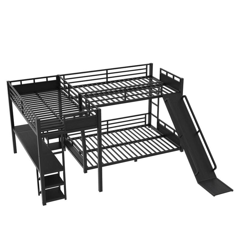Roomfitters L-Shaped Metal Triple Bunk Bed with Desk and Slide, Black