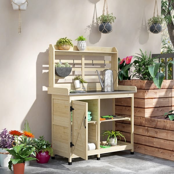 slide 2 of 18, Outsunny Wooden Potting Bench, Outdoor Potting Table with Storage Cabinet, Storage Shelves, Aluminum Table Top Beige/Tan