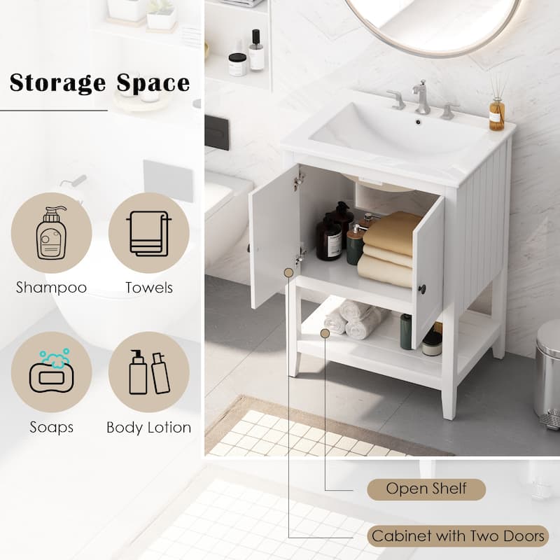 24" Modern White Bathroom Vanity with Elegant Ceramic Sink and Solid Wood Frame, Open Shelf Storage