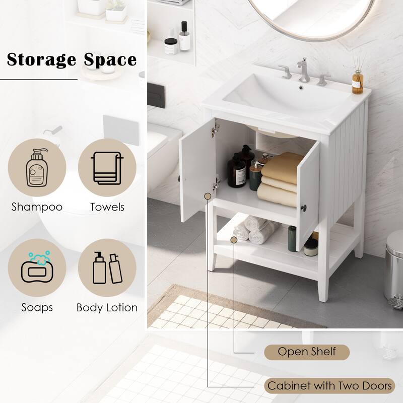 24" Sleek Bathroom Vanity with Elegant Ceramic Sink, Solid Pine Frame & Open Bottom Shelf