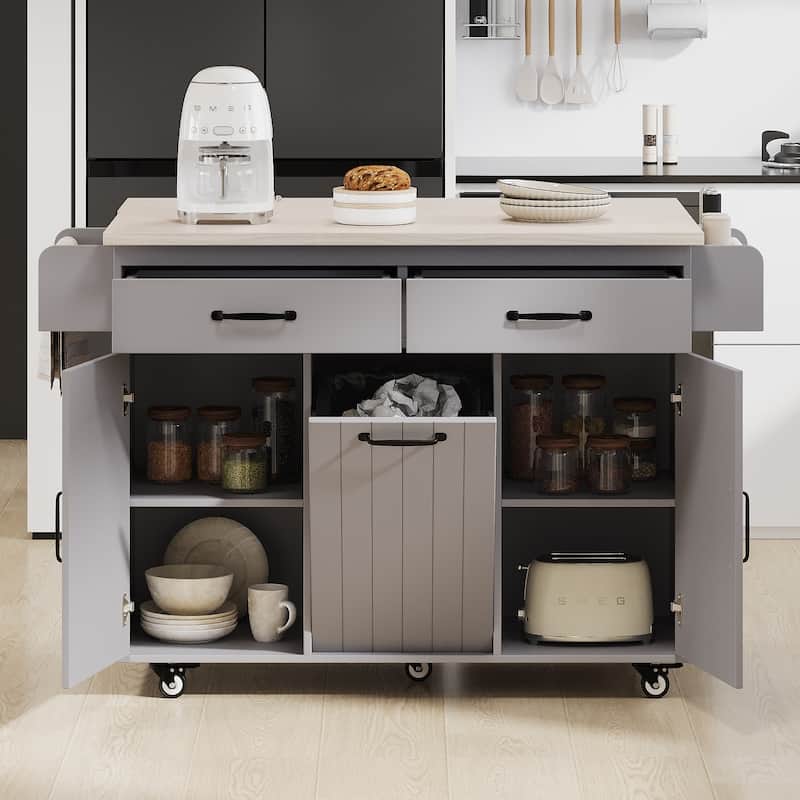 Floor Standing Kitchen Island Convertible Drop Leaf Kitchen Cart, Grey Kitchen Island on Wheels with Tilt-out Trash Can - Grey