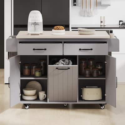 Floor Standing Kitchen Island Convertible Drop Leaf Kitchen Cart, Grey Kitchen Island on Wheels with Tilt-out Trash Can