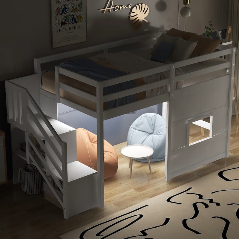Twin Size Loft Bed with Storage Staircase, Window, and LED Light, White