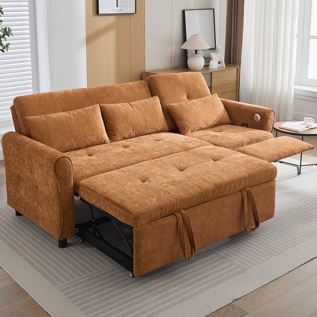 82" 2-in-1 Orange Chenille Three-seater Sofa with Sofa Bed, Reversible Recliner & USB Ports
