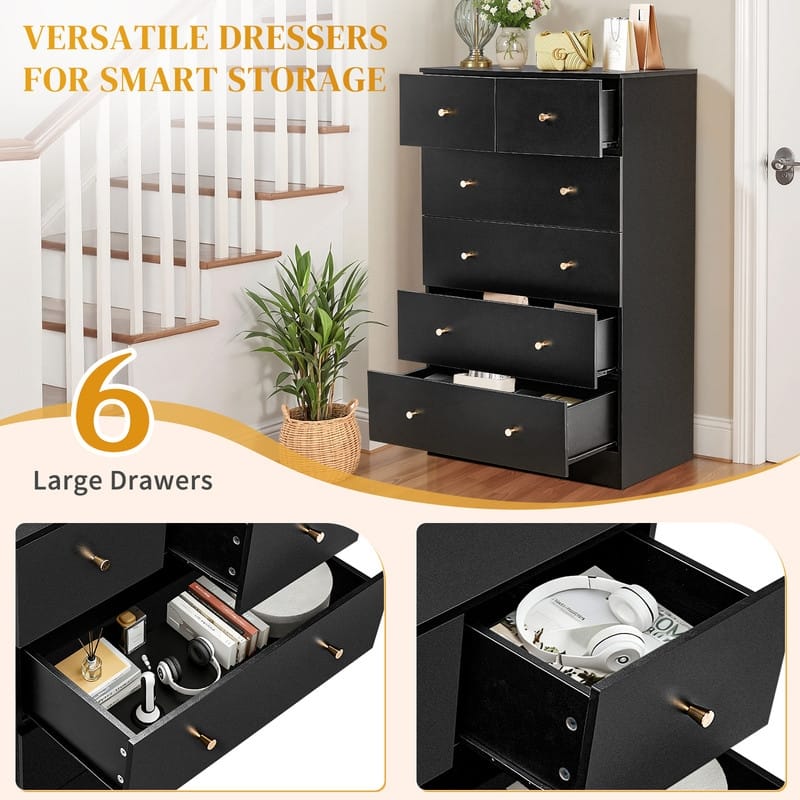 6-Drawer Large Dresser For Bedroom And Chest Of Drawers With Sturdy Construction Wood Storage Organizer For Closet