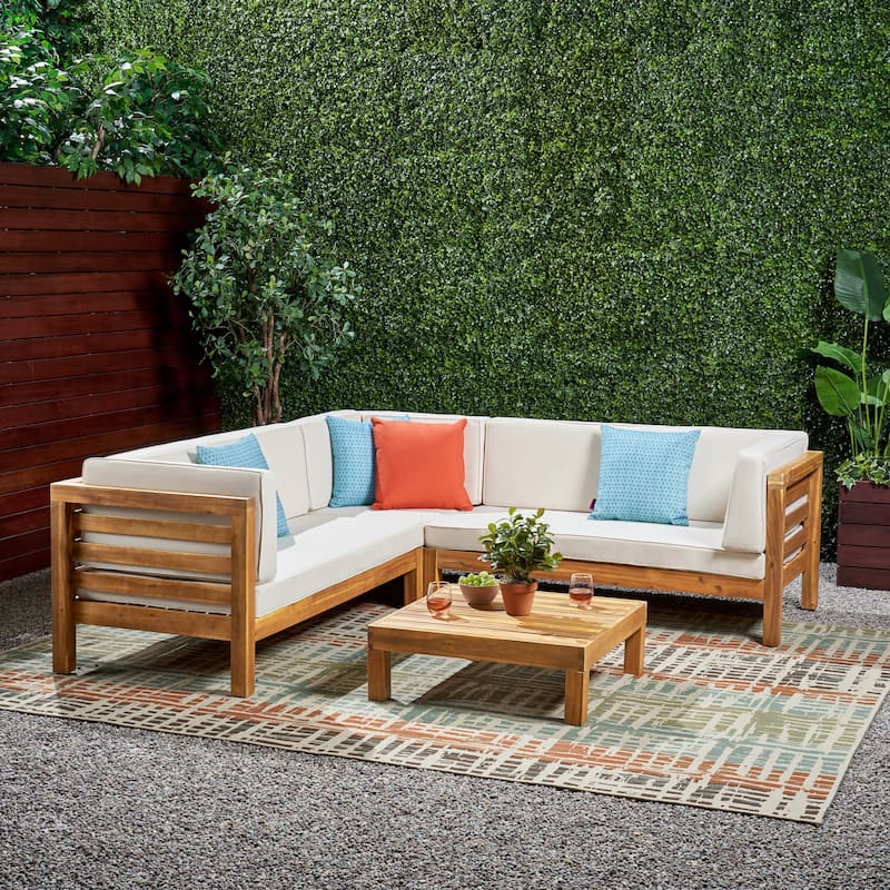 Oana Outdoor 5 Seater V Shaped Mid-Century Modern Acacia Wood Sectional Sofa Set with Coffee Table by Christopher Knight Home