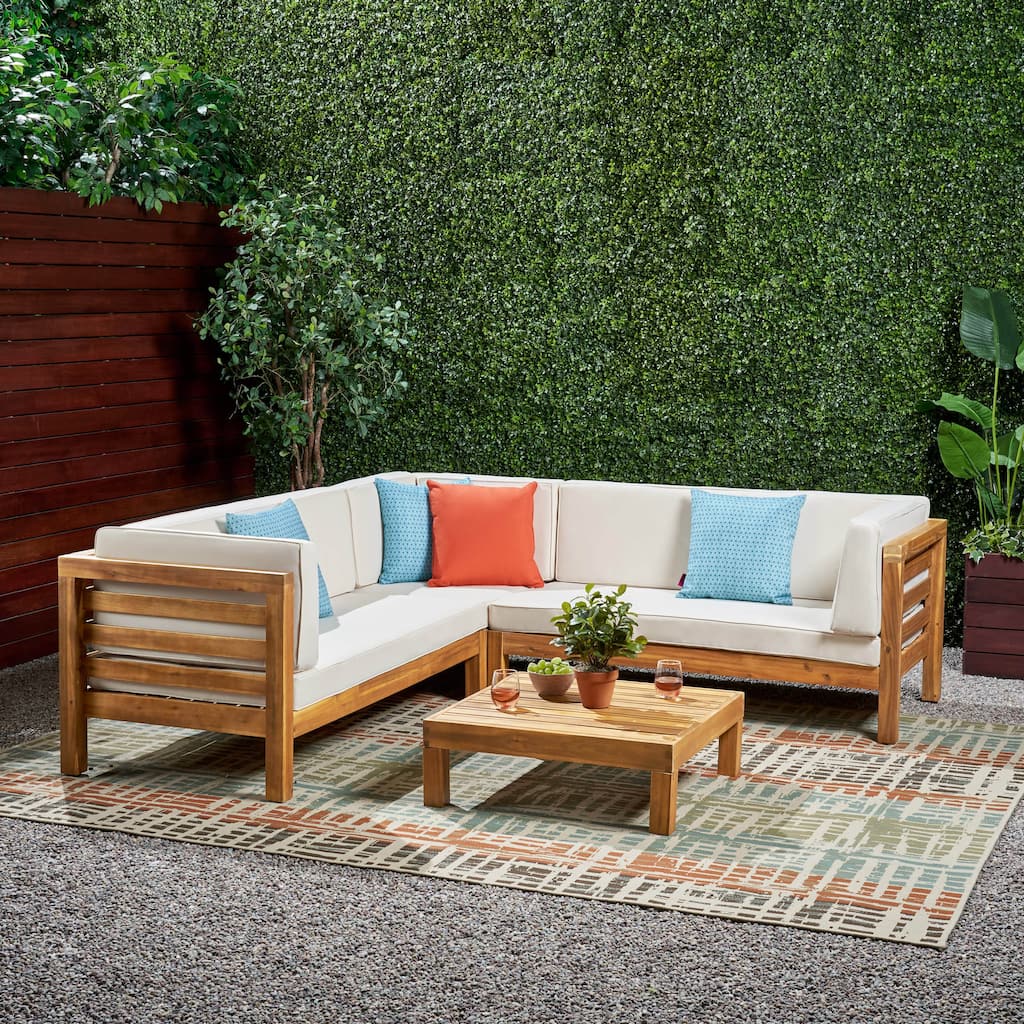 Oana Outdoor 5 Seater V Shaped Mid-Century Modern Acacia Wood Sectional Sofa Set with Coffee Table by Christopher Knight Home