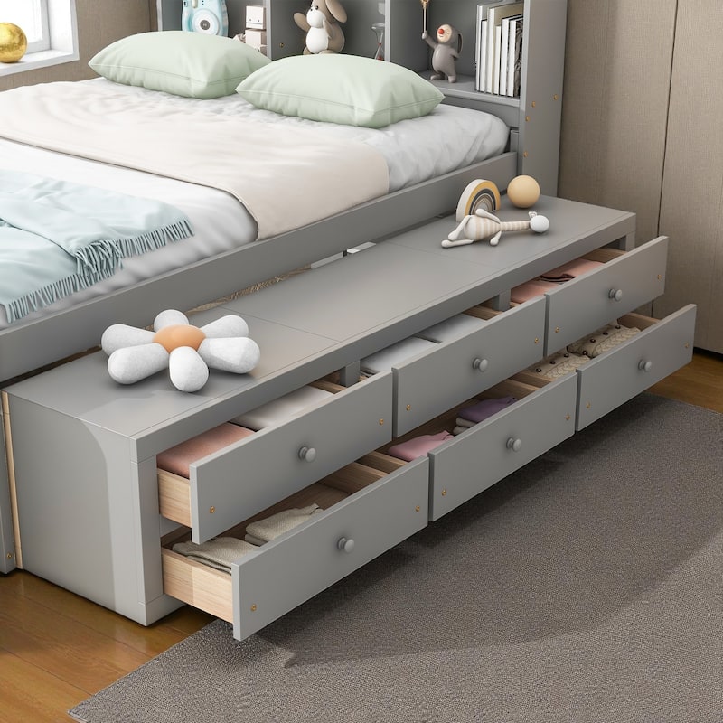 Full Size Wooden Storage Bed with Bookcase Headboard, 6 Drawers, and Bed-End Storage Case