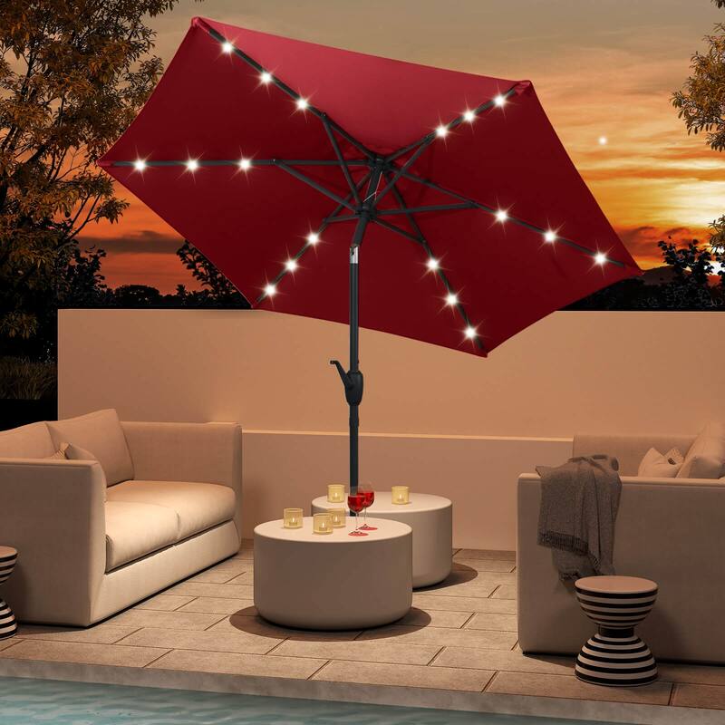 Costway 7.5 ft Solar Powered Patio Umbrella with LED Lights Push - Red