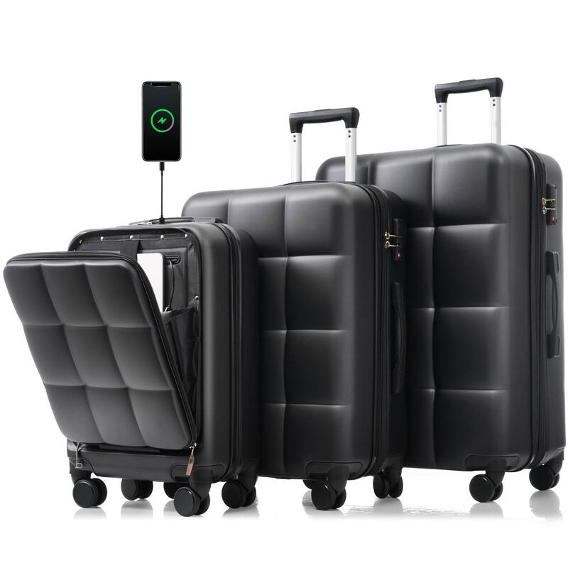 Merax Suitcases 3 Piece ABS Hardshell Front-Opening Luggage Sets with USB Port and Spinner Wheels & Cup Holder, for Men Women - Black+Brown
