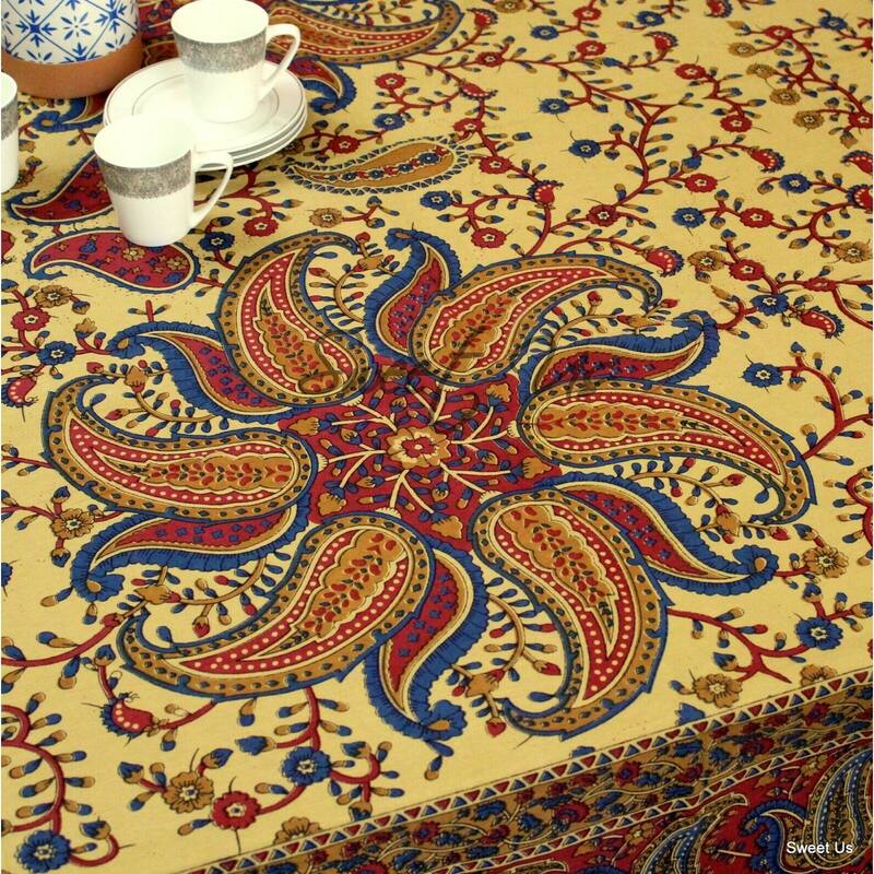 Cotton Block Print Paisley Floral Tablecloth Rectangle