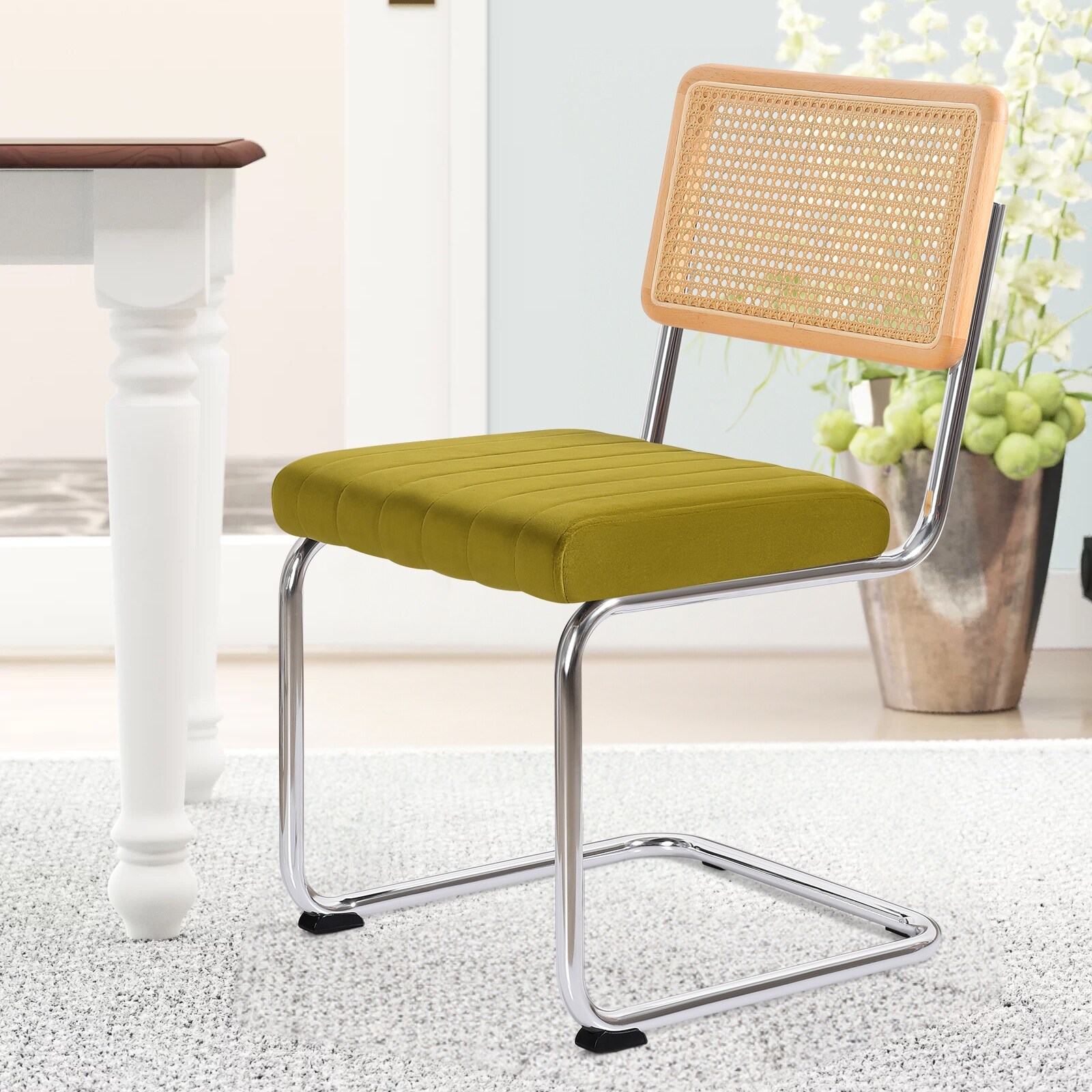 Modern Velvet Upholstered Dining Chairs with Rattan Backrest