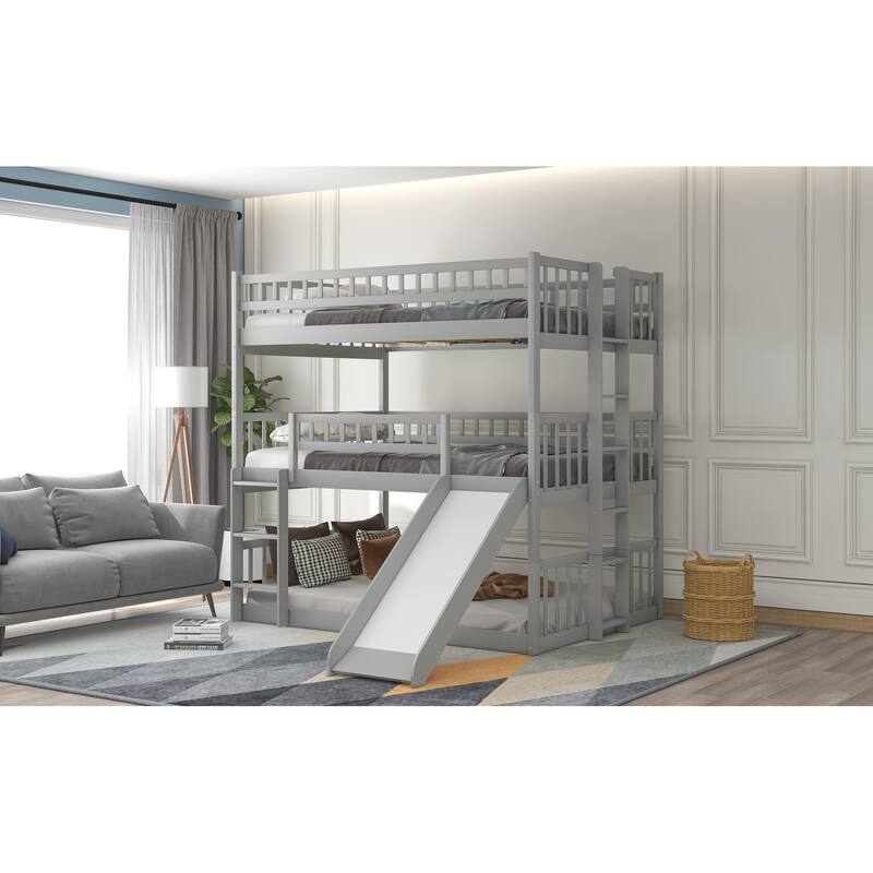 Triple Bunk Bed with Built-in Ladder, Slide, and Guardrails, Gray