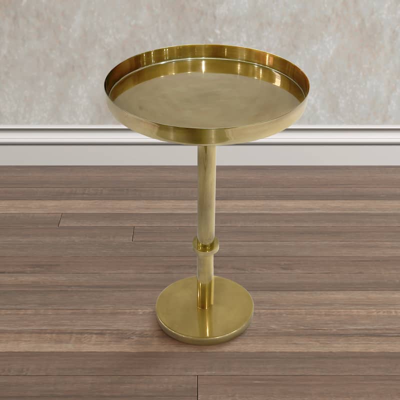 Ara 22 Inch Side End Table, Vintage Sleek Pillar Base, Round Tray Top, Oxidized Antique Brass