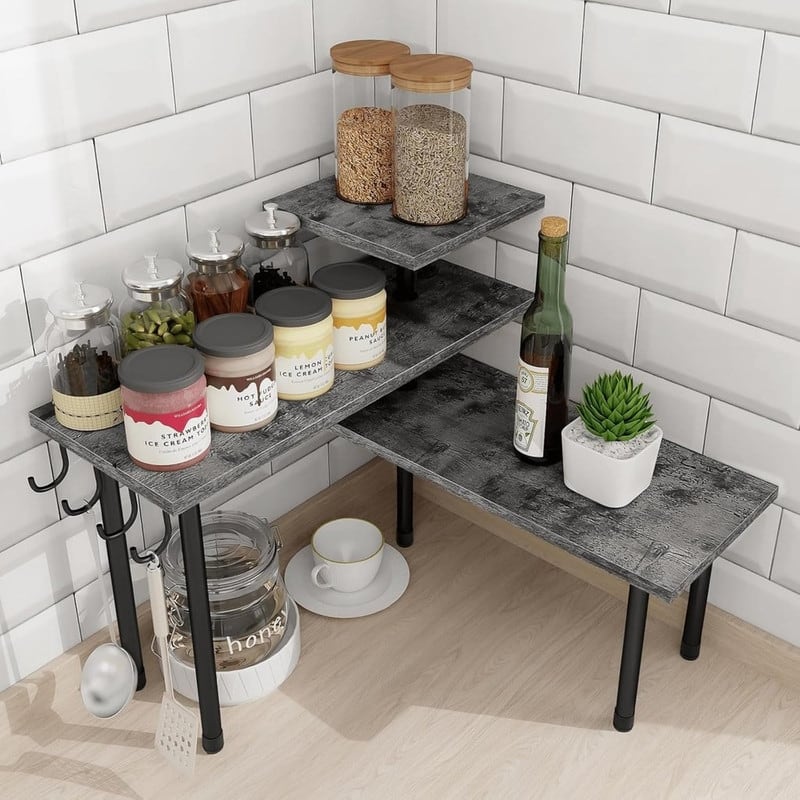 Bathroom Counter Organizer Corner Shelf - Rustic Grey, With Hooks