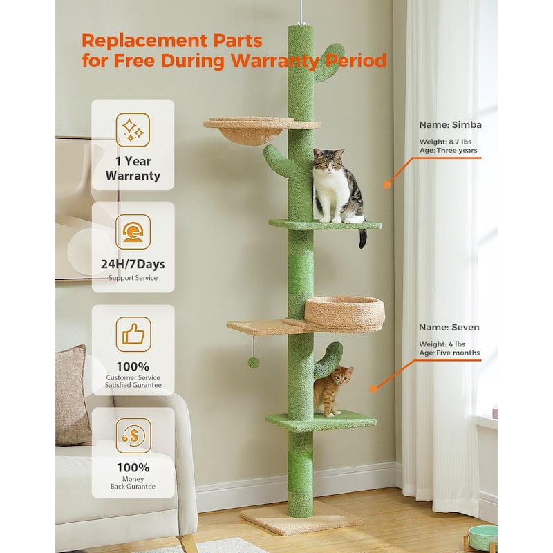 Floor to Ceiling Adjustable Height Cat Tree, 5 Levels Cactus Cat Tower with Cat Perch & Replaceable Hammock