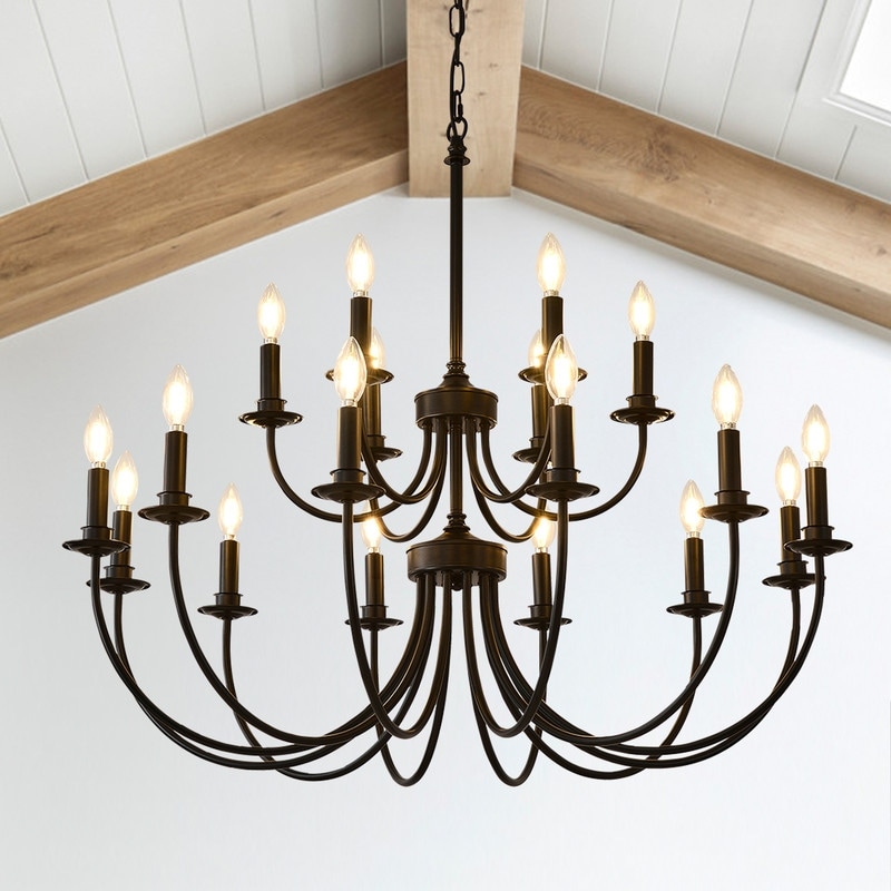 Farmhouse Black Large Chandelier Candle Vintage Light Fixture for High Ceiling