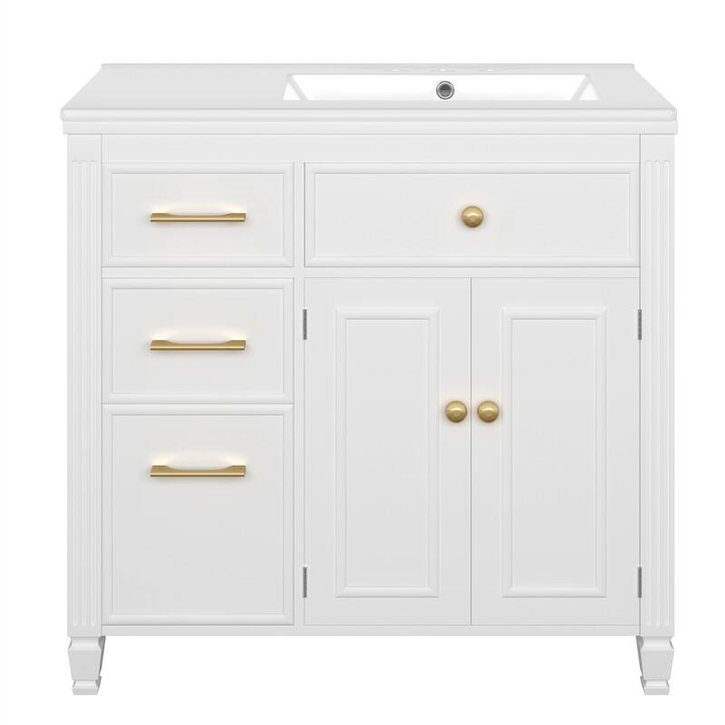 36" Bathroom Vanity w/ Ceramic Sink, Freestanding Bathroom Vanity Cabinet w/ 3 Side Drawers, 1 Tip-out Drawer & Adjustable Shelf