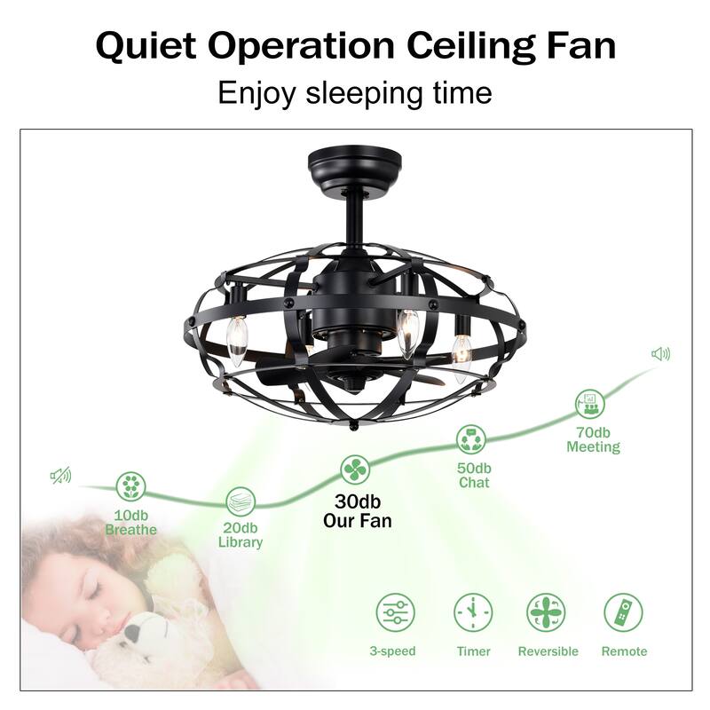 Enclosed Ceiling Fan Light with Reversible Motor and Remote Control, Adjustable 3 Speed Settings for Bedroom and Living Room